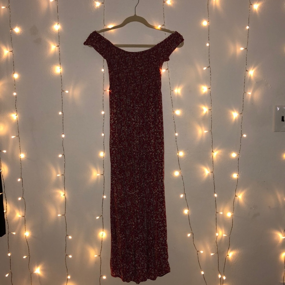 open legged, long, off the shoulder sundress